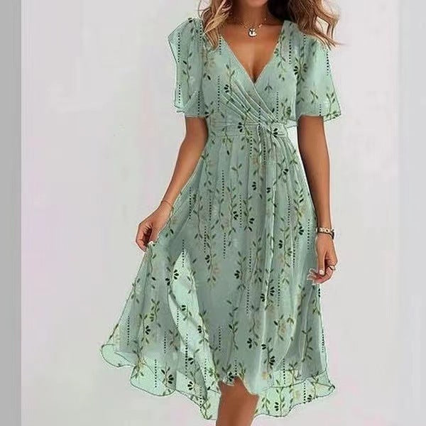 Chiffon Printed Short Sleeve Dress Summer Elegant V-neck Dresses Womens Clothing - Swefashionstore