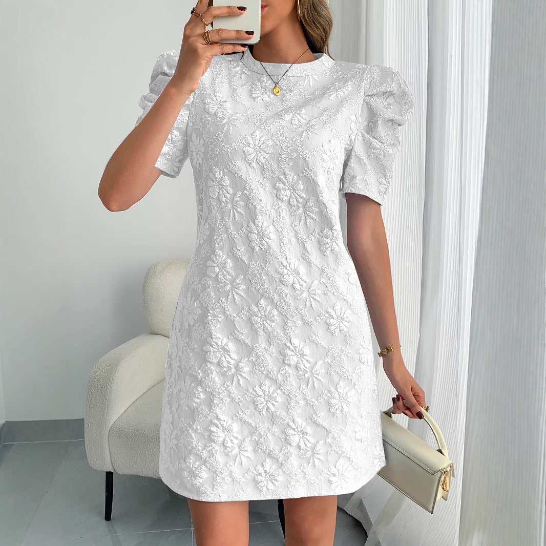LADIES Puff Sleeve Texture Jacquard Round Neck RETRO Dress - Swefashionstore