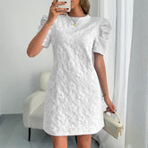 LADIES Puff Sleeve Texture Jacquard Round Neck RETRO Dress - Swefashionstore