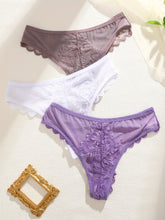3 Pcs Breathable Sexy Lacy Trim Briefs, Semi-Sheer Thong Women&