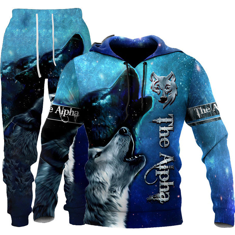 Newcomer Wolf Print Tracksuit Men Sportswear Hooded Sweatsuit - Swefashionstore