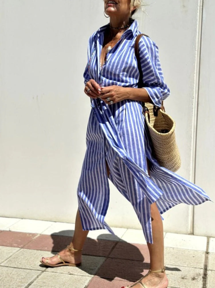 Striped Shirt Dress With Belt Fashion Half-sleeved For Women - Swefashionstore