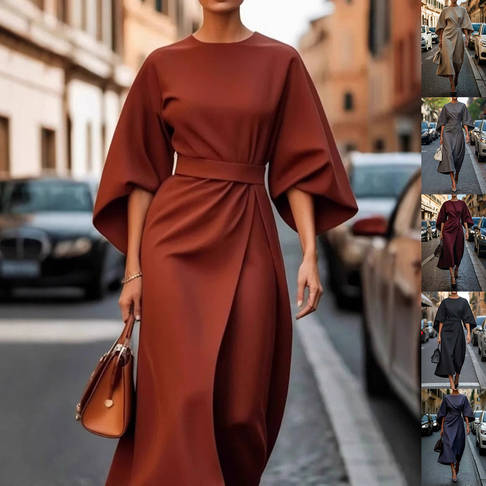 Loose batwing sleeve dress with belt in street hipster style, available in various colors.