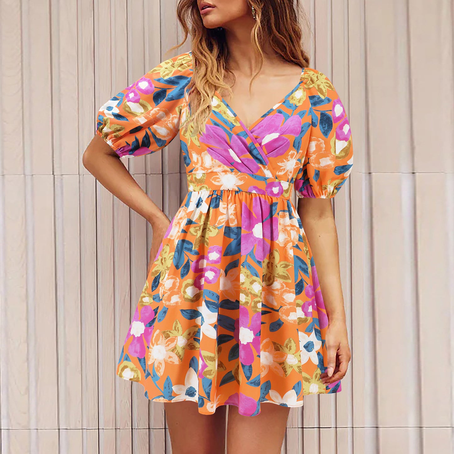 V-Neck Lantern-sleeve Dress