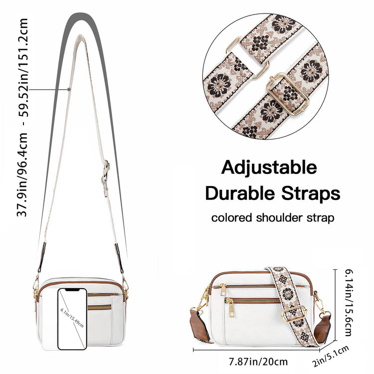 Triple-zipper Shoulder Bag With Floral Embroidered Straps - Swefashionstore