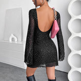 Elegant Black Mesh Sequins Backless Slim Fit Long Sleeve Dress - Swefashionstore
