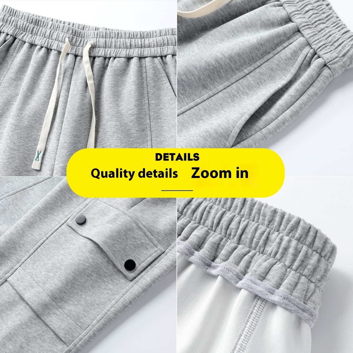 Men's sports knitted cotton casual trousers with drawstring and pocket details in gray.