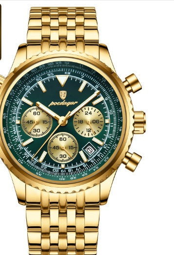 Men's waterproof multifunction gold watch with green dial and stainless steel strap.