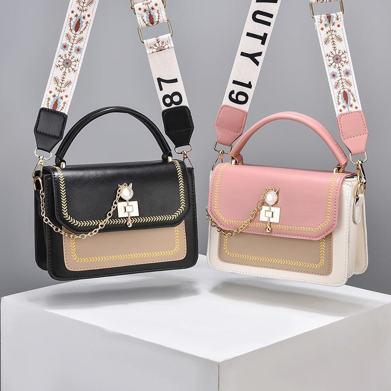 Wide Shoulder Strap Embroidery Thread Contrast Color Large Capacity Shoulder Bag - Swefashionstore