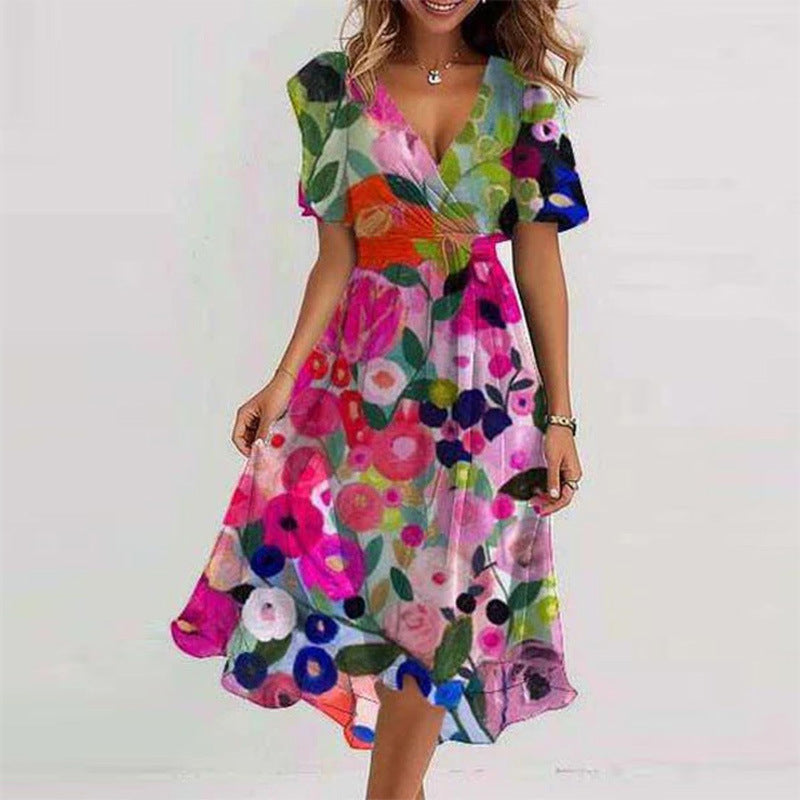 Flowers Printed V-neck Dress Summer A-line Short-sleeved Dresses For Women - Swefashionstore
