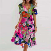 Flowers Printed V-neck Dress Summer A-line Short-sleeved Dresses For Women - Swefashionstore