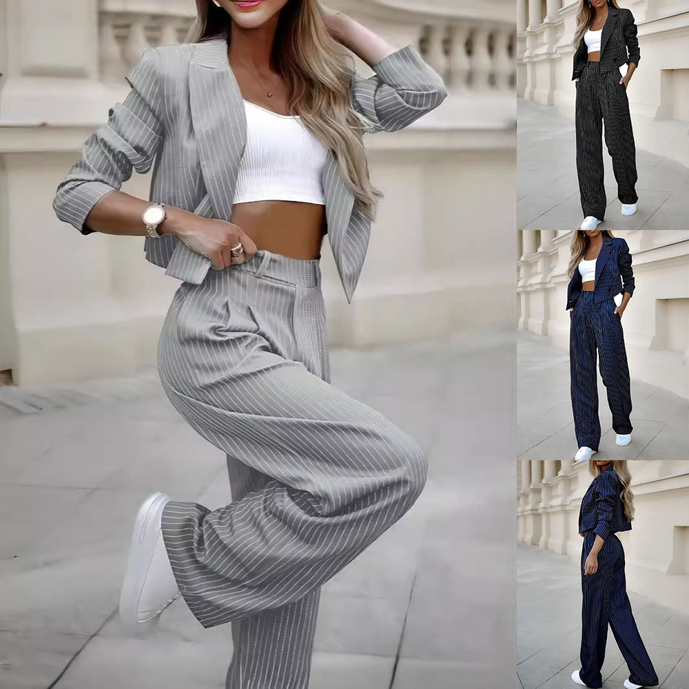 Fashion Striped Suits for Women - Casual Lapel Long Sleeve Cropped Top and Straight Pants Outfits - Swefashionstore