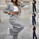 Fashion Striped Suits for Women - Casual Lapel Long Sleeve Cropped Top and Straight Pants Outfits - Swefashionstore