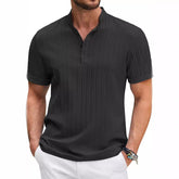 Summer Stand Collar Buttons Short Sleeve T-shirt Solid Color Stripe POLO Shirt Fashion Casual Beach Clothing For Men - Swefashionstore