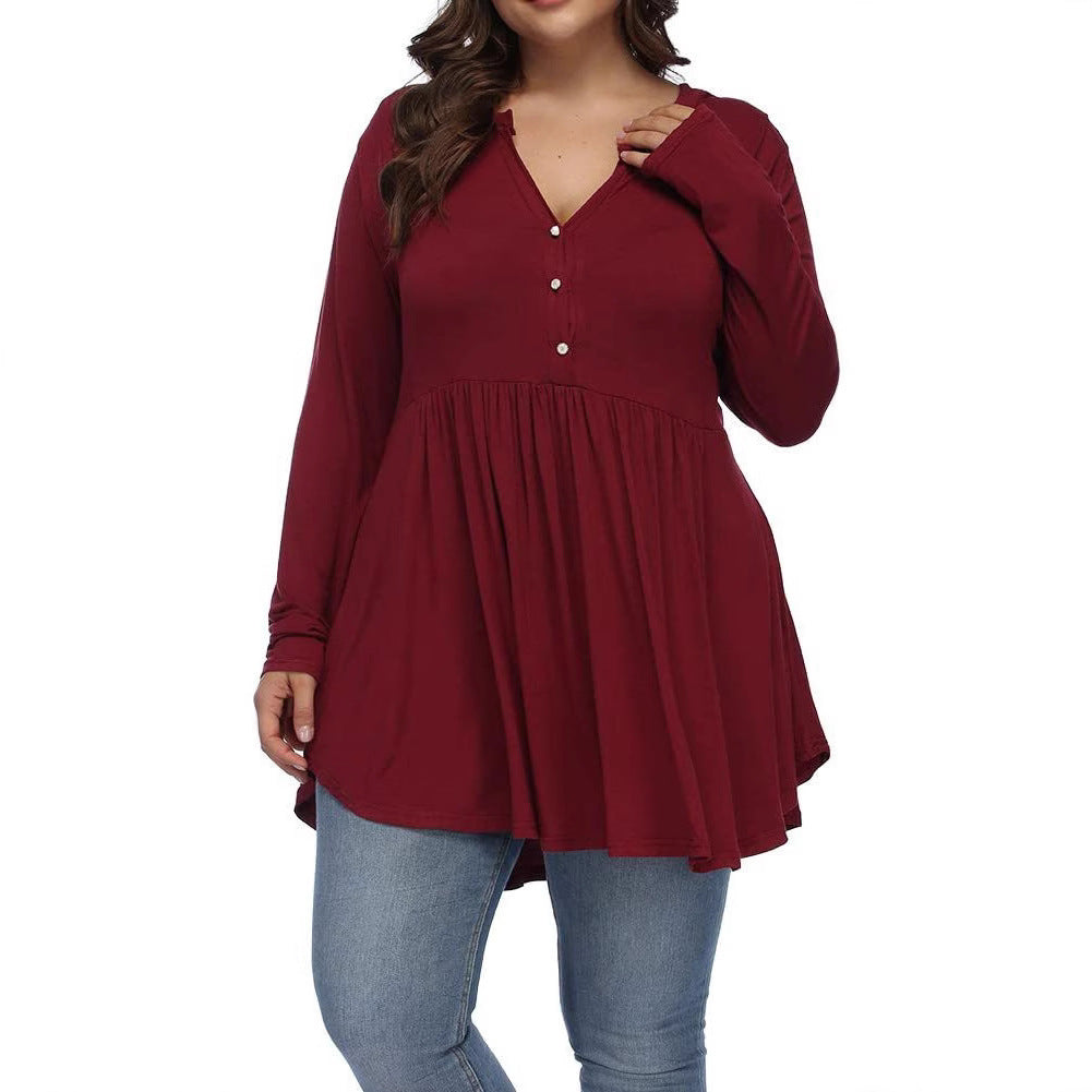 FASION V-neck Buttons Pleated Long Sleeve Plus Size T-shirt - Swefashionstore