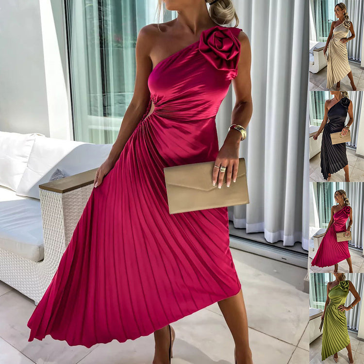 Ins Pleated One-shoulder With Big Rose Flower Fashionable Dress - Swefashionstore