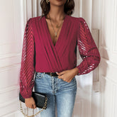 All-matching Solid Color And V-neck Pleated Lace See-through Long-sleeved Jumpsuit - Swefashionstore