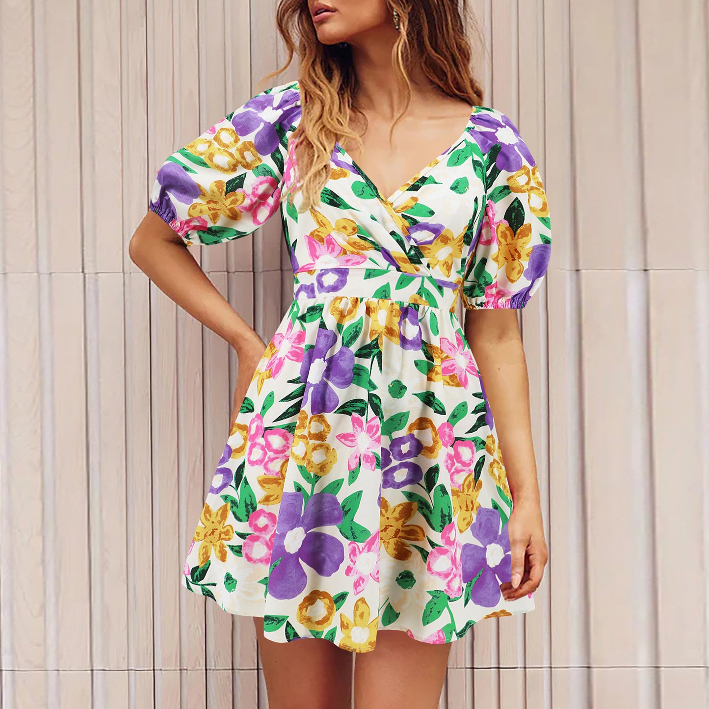 V-Neck Lantern-sleeve Dress