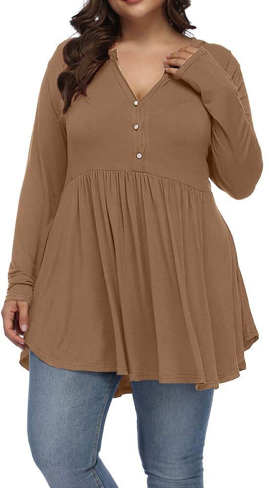 FASION V-neck Buttons Pleated Long Sleeve Plus Size T-shirt - Swefashionstore