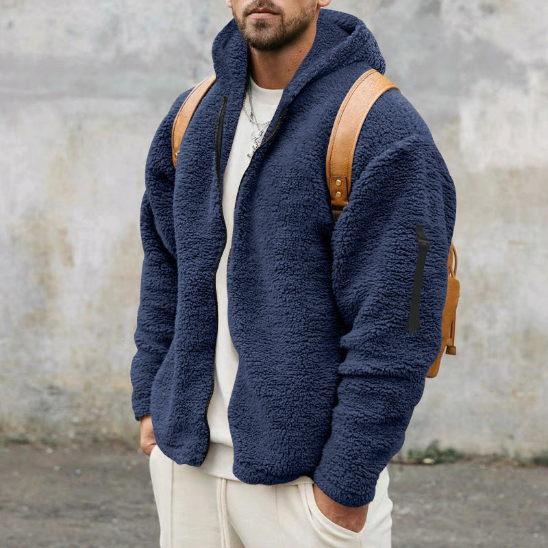 Plush Hooded Jacket Men's Autumn And Winter Fleece Warm Coat