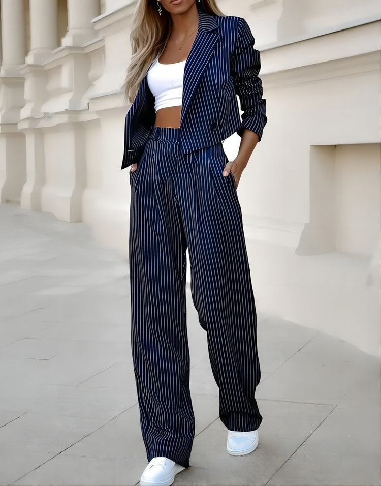 Fashion Striped Suits for Women - Casual Lapel Long Sleeve Cropped Top and Straight Pants Outfits - Swefashionstore