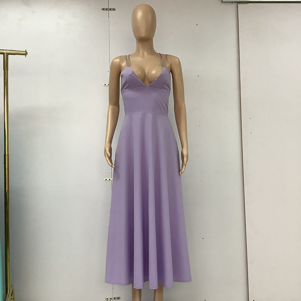New Design V-neck Suspender Summer Fashion A-Line Long Dresses
