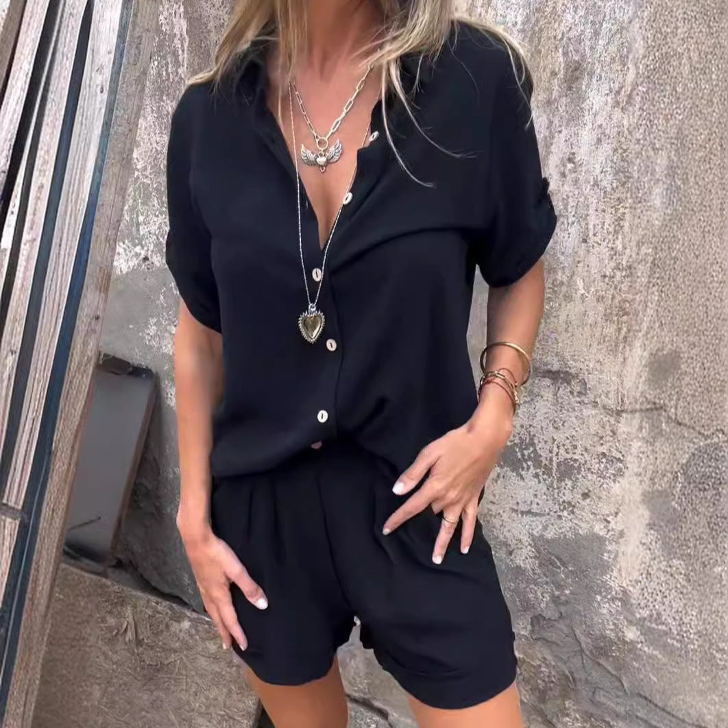 Short-sleeved Suits Fashion Lapel Button Shirt Top And Pocket Shorts Women&