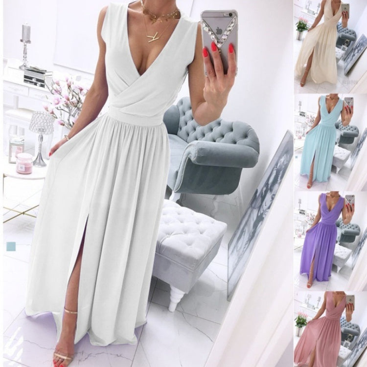 Summer Sleeveless And Ankle Skirt Solid V-neck Front Split Long Dress - Swefashionstore