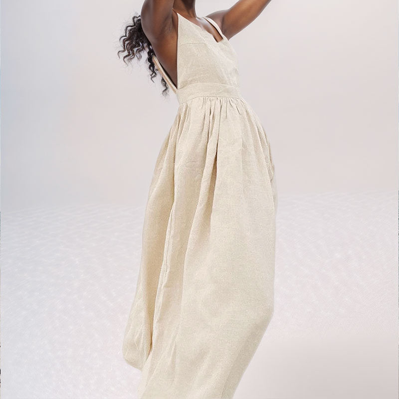 Summer V-neck high waist long dress in light beige, sleeveless with elegant design and comfortable fit.