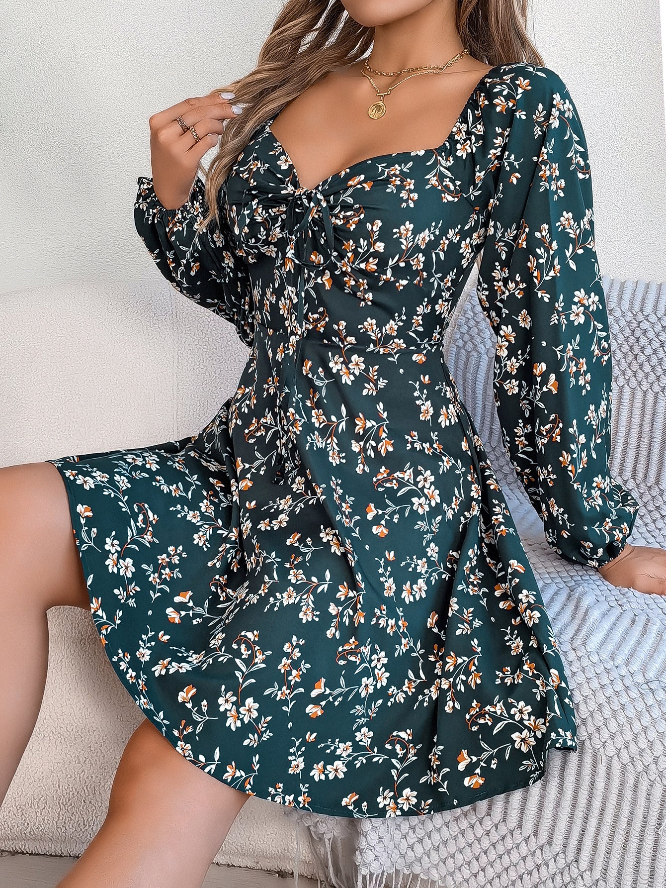 Fashion Floral Print Lantern Sleeve Dress - Swefashionstore