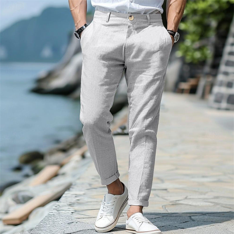 LINEN SUMMER Button Front Slant Pocket Straight-leg Trousers