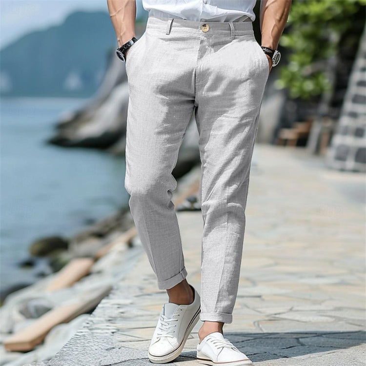 LINEN SUMMER Button Front Slant Pocket Straight-leg Trousers - Swefashionstore