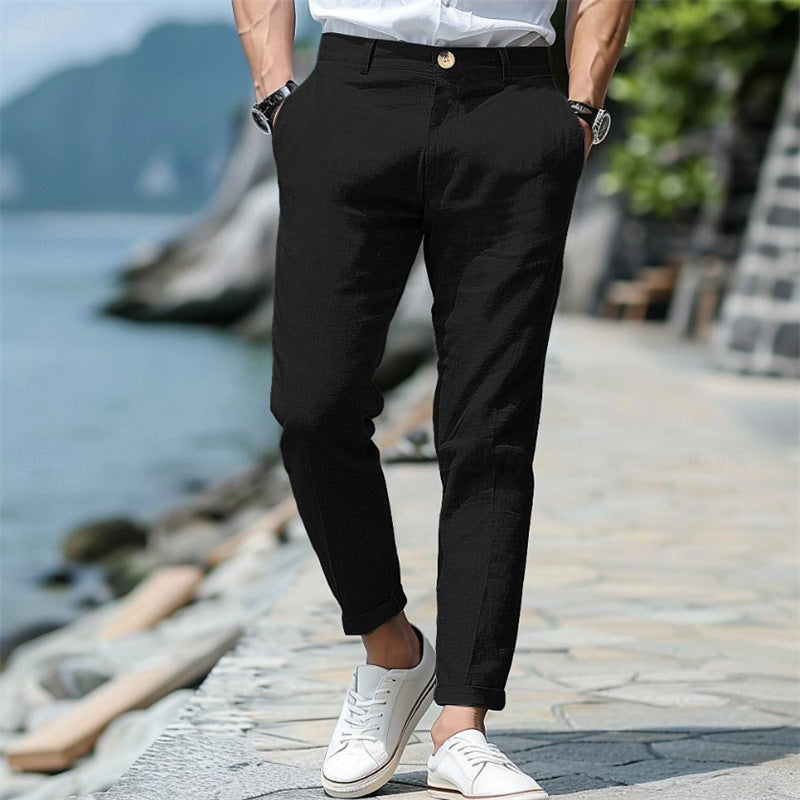 LINEN SUMMER Button Front Slant Pocket Straight-leg Trousers
