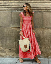 Summer Plaid Print Pleated Ruffle Dress INS Fashion Sleeveless A-line Swing Beach Dress Women&