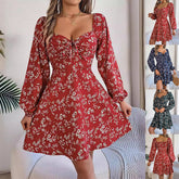 Fashion Floral Print Lantern Sleeve Dress - Swefashionstore