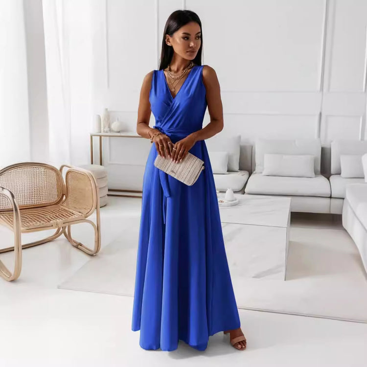 V-neck Sleeveless Dress With Belt Summer Fashion Party Club Evening Maxi Dresses For Women Clothing - Swefashionstore