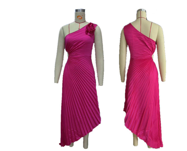 Ins Pleated One-shoulder With Big Rose Flower Fashionable Dress - Swefashionstore
