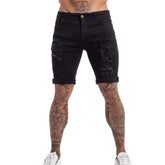 Ripped black denim straight type shorts - Swefashionstore