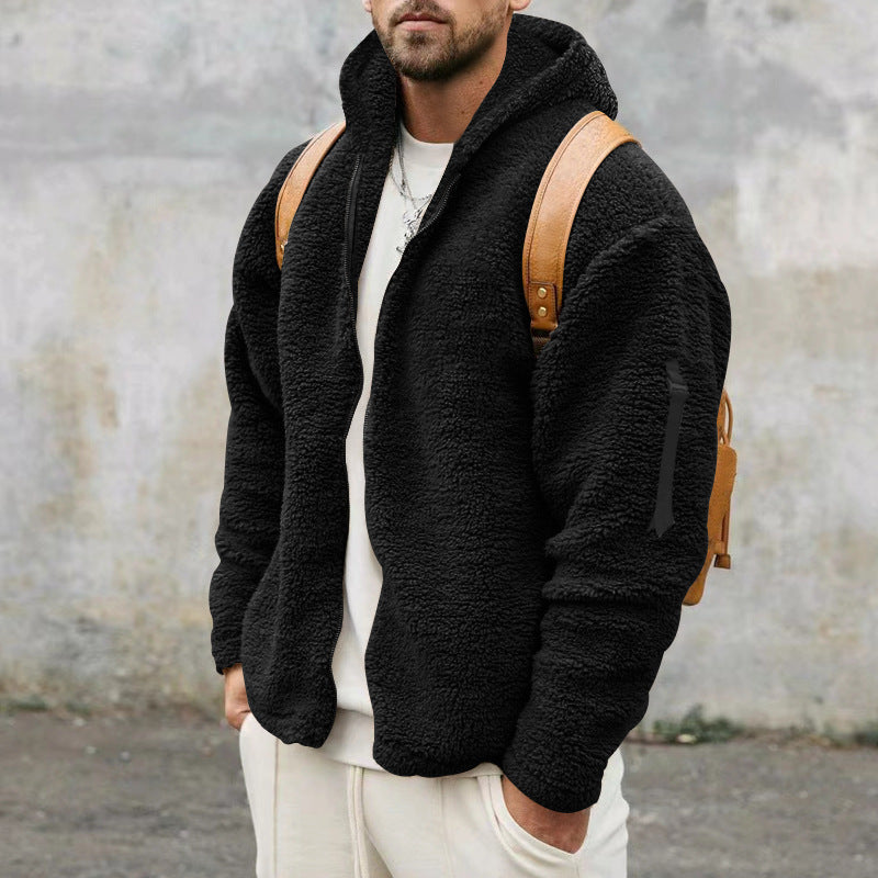 Plush Hooded Jacket Men's Autumn And Winter Fleece Warm Coat