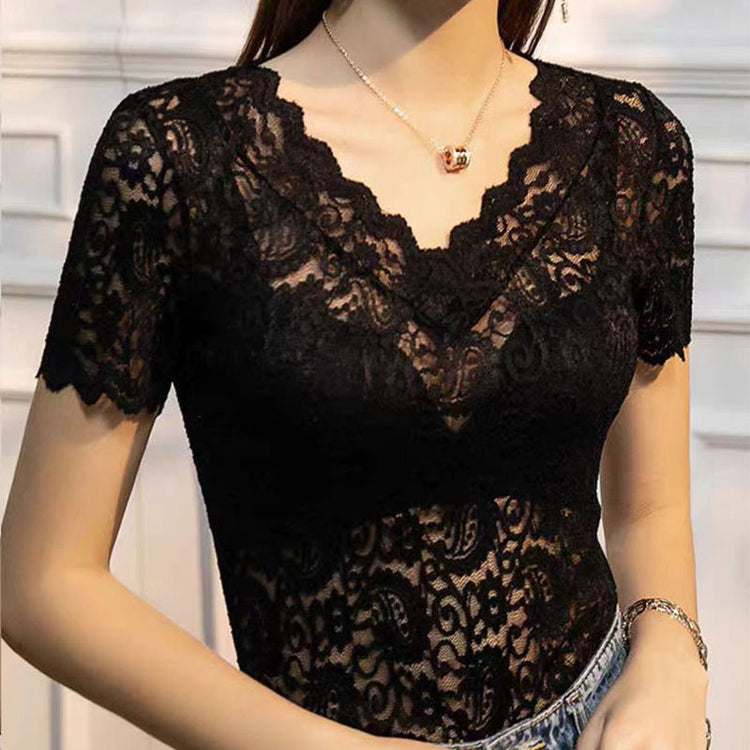 V-neck Hollow Sexy Lace Bottoming Shirt Innerwear Short Sleeve - Swefashionstore