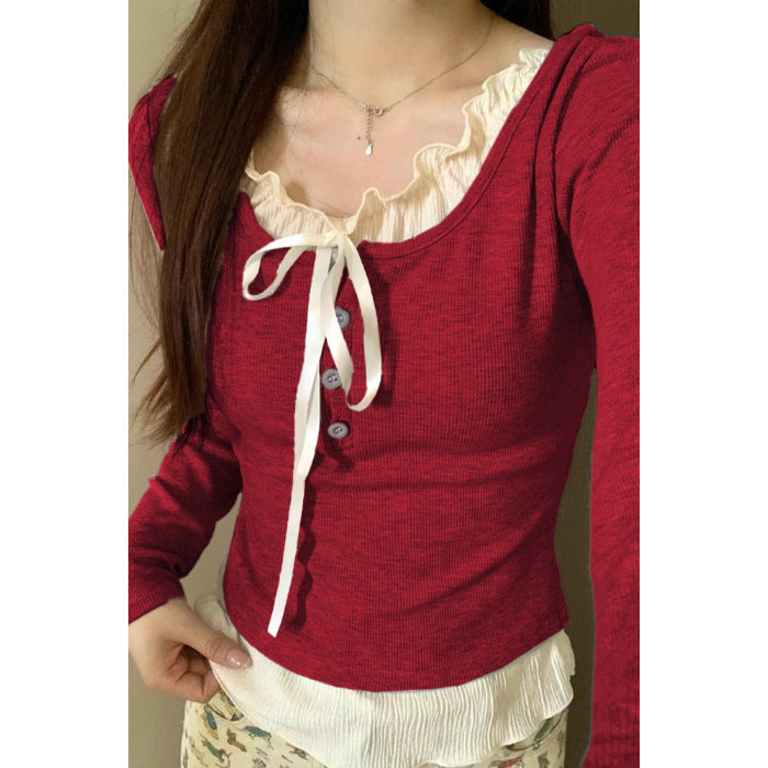 Pure Desire Lace Inner Match Bottoming Shirt in purplish red with lace details and princess sleeves.