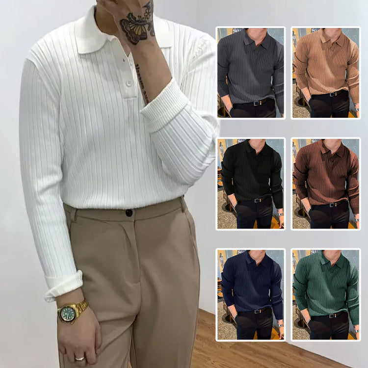 Lapel Texture Stretch Slim Knit Polo Shirt - Swefashionstore