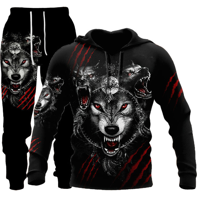Newcomer Wolf Print Tracksuit Men Sportswear Hooded Sweatsuit - Swefashionstore