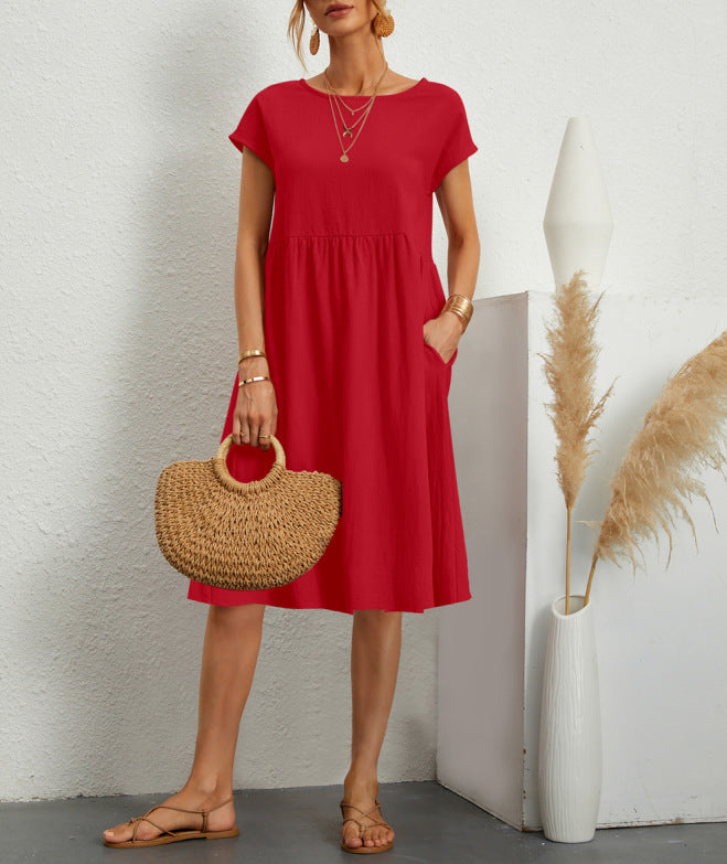 Summer Short-sleeved Dress With Pockets Fashion Solid Round Neck A-line Dresses For Women Clothing - Swefashionstore