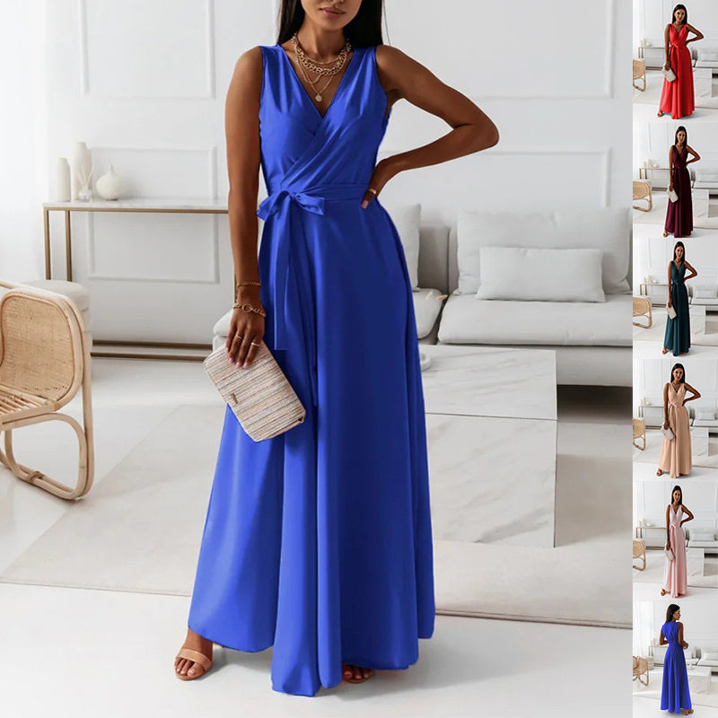 V-neck Sleeveless Dress With Belt Summer Fashion Party Club Evening Maxi Dresses For Women Clothing - Swefashionstore
