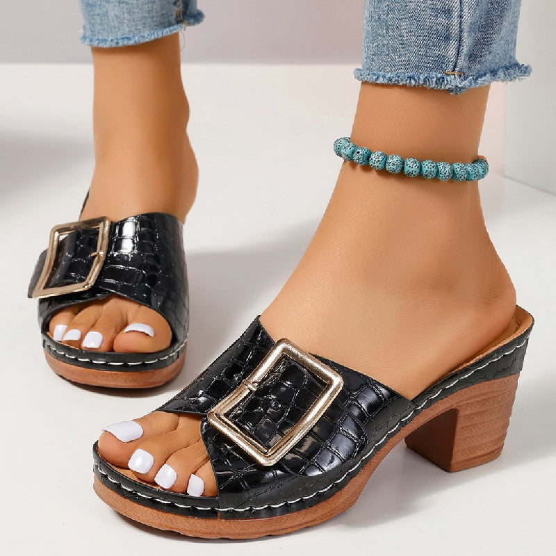 Fashion Crocodile-textured Buckle Sandals - Swefashionstore