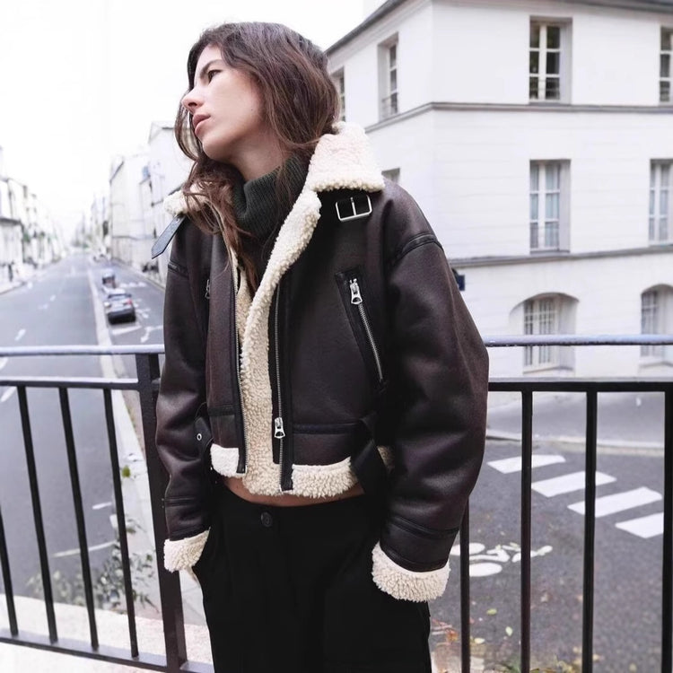 Wear Fur Integrated Lapel Thickening Warm Double-sided Casual Short Jacket Coat - Swefashionstore