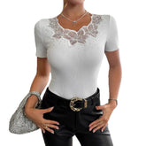 Rhinestone Patch Slim-fit Short-sleeved Women&