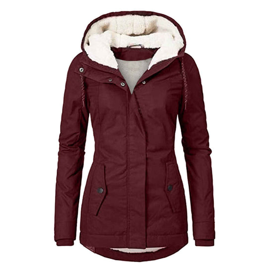 Winter Hooded Jacket for Women - Solid Color Fleece Zip-up with Pockets