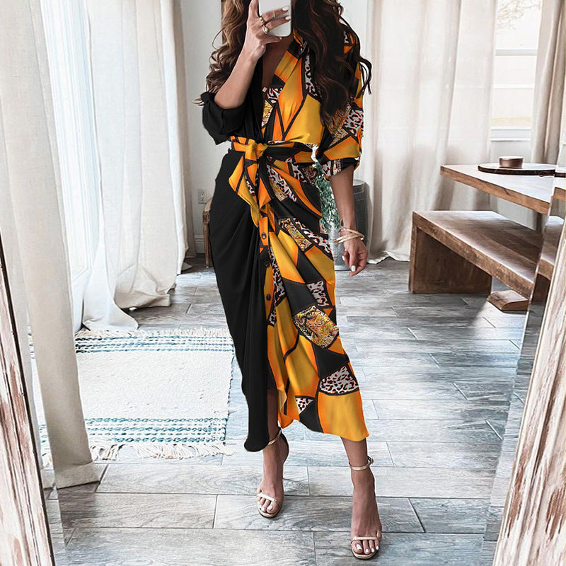 NEW European Print Long-Sleeved LACE-UP Single-Breasted SHIRT Dress